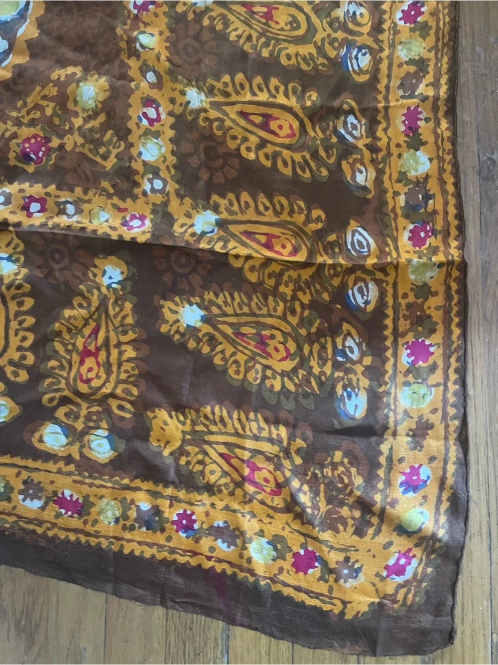Vintage Pure Silk Govt Iran Paisley Square 45in scarf Brown Yellow Pink 70s